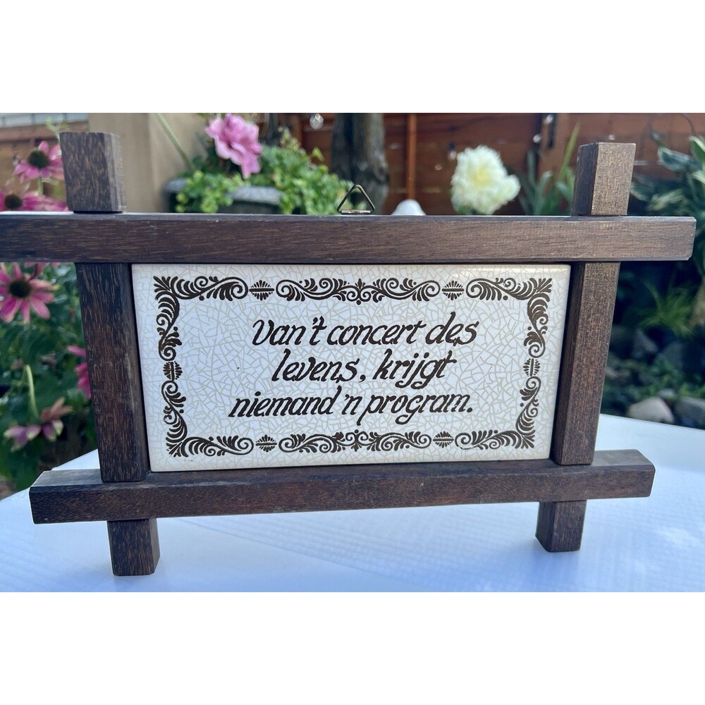 1970s Vintage Dutch Ceramic Tile Wall Plaque Wood Frame Folk Art Netherlands